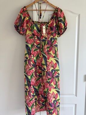 Farm Rio x Anthropologie Puff-Sleeve Sweetheart Linen Midi Dress L Large NWT NEW